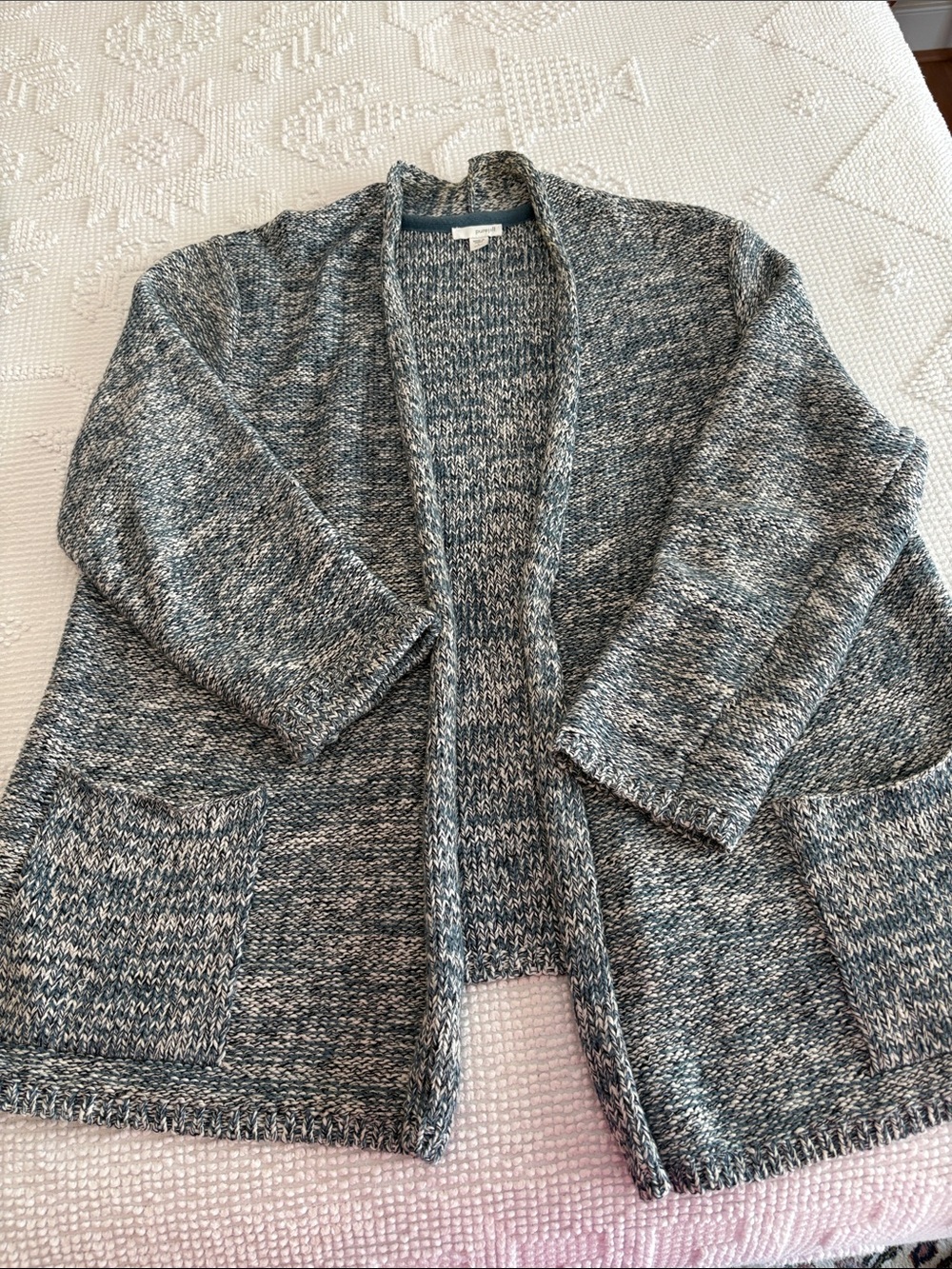 J Jill Cozy Open-Front Blue and Cream Women's Sweater Cardigan Petite L